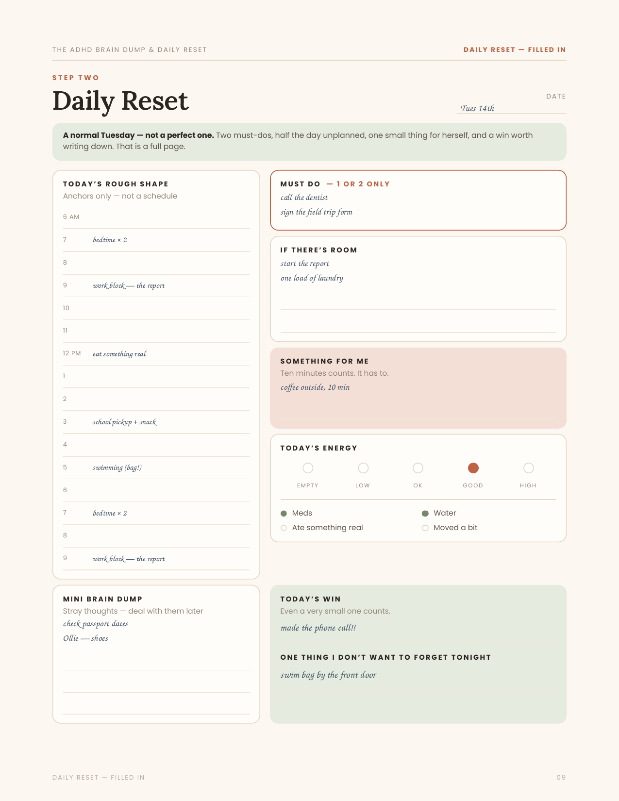 A filled-in Daily Reset planner page from The Mom Reset