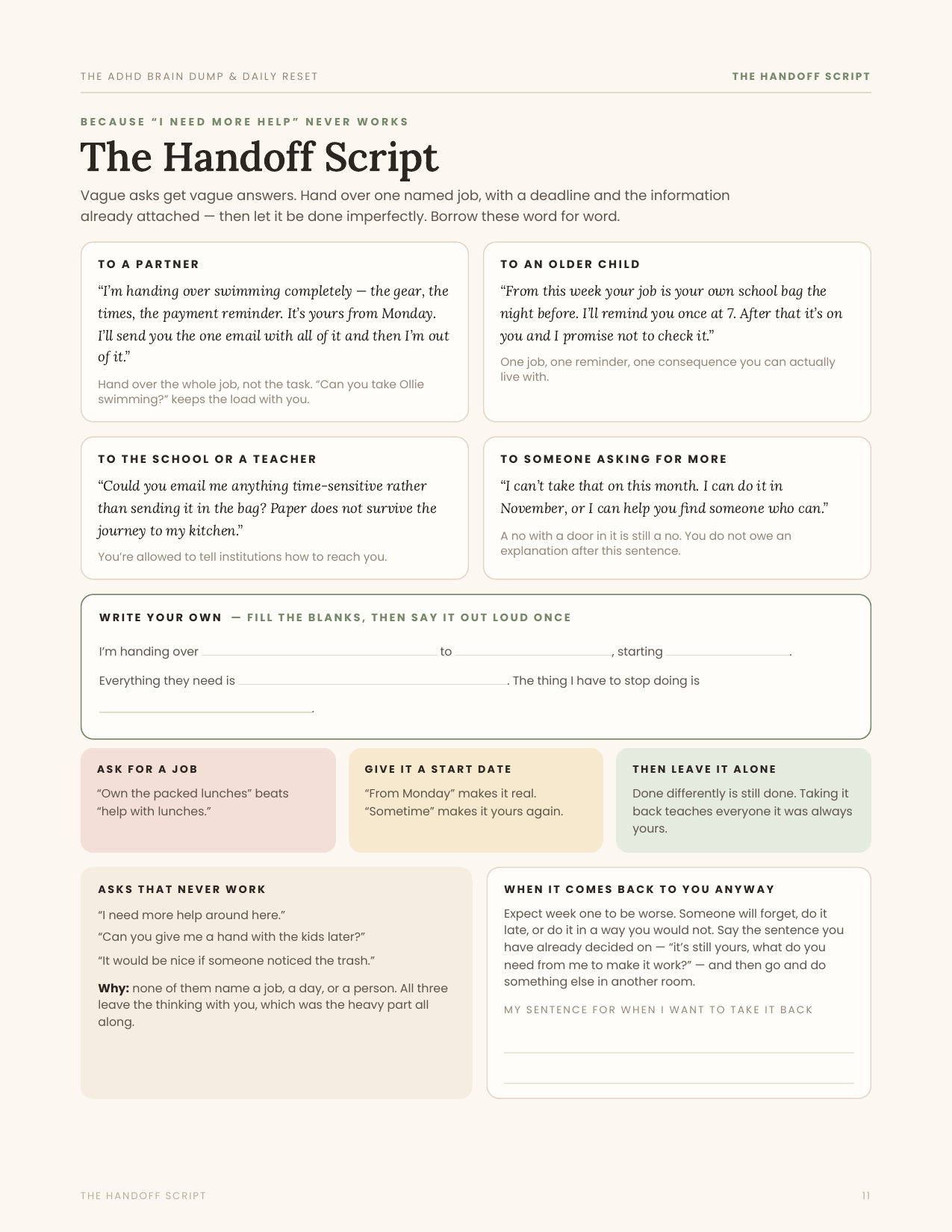 A Handoff Script planner page from The Mom Reset