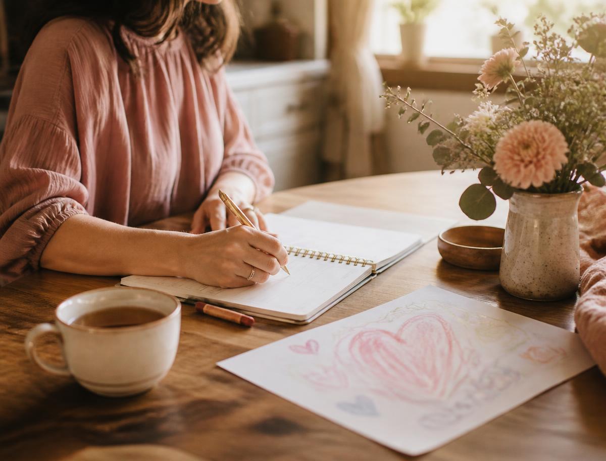 A mother's hands writing in a planner at a sunlit kitchen table, with a child's heart drawing and a cup of tea nearby