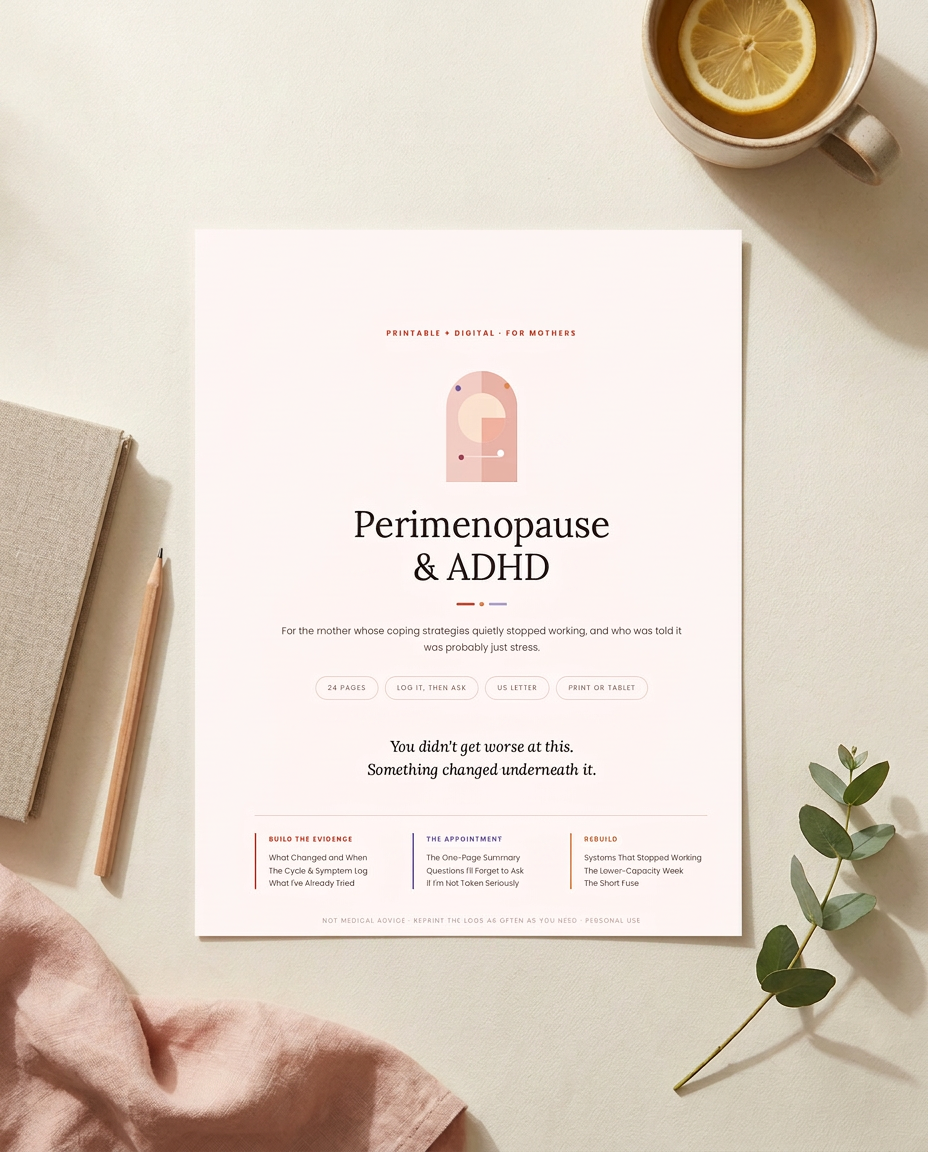 The Mom Balance perimenopause and ADHD kit beside herbal tea, a wellness journal, and eucalyptus