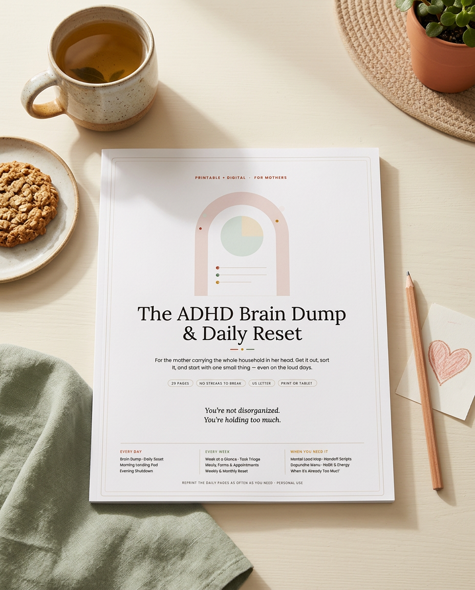 The Mom Reset planner beside tea, an oatmeal cookie, soft linen, and a child's heart drawing